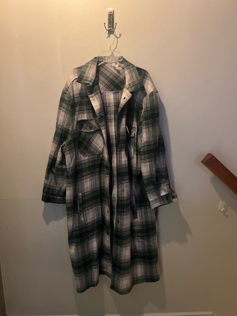 Elan Green & White Plaid Long Trench Shacket
